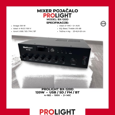 BLACKXPERT BX-120D Mixer pojačalo 120 W, USB/SD/FM/Bluetooth, 100 V