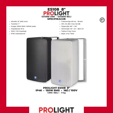 PROLIGHT ES108 Vodootporni zidni zvučnik 8" 150 W IP46, 16 Ω / 100 V, crni