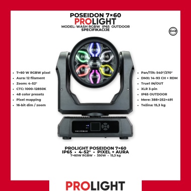 PROLIGHT POSEIDON 7×60 IP65 Wash Moving Head 7×60 W RGBW sa aura prstenom