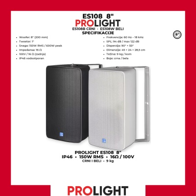 PROLIGHT ES108 Vodootporni zidni zvučnik 8" 150 W IP46, 16 Ω / 100 V, beli