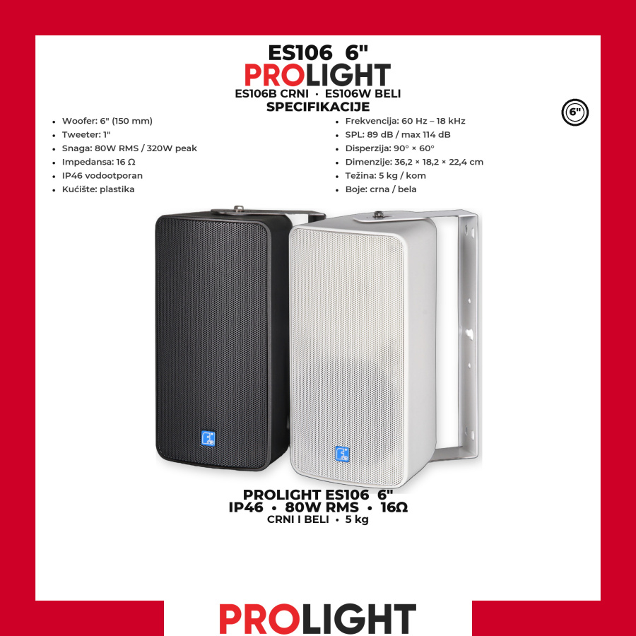PROLIGHT ES106 Vodootporni zidni zvučnik 6" 80 W IP46, beli