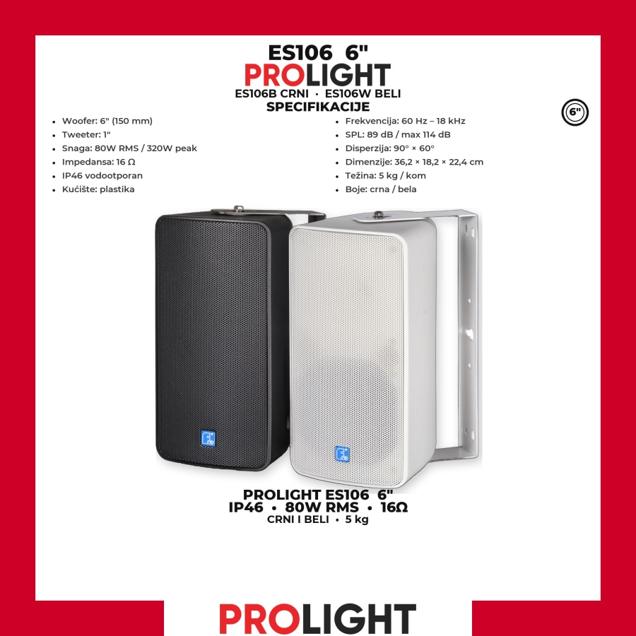 PROLIGHT ES106 Vodootporni zidni zvučnik 6" 80 W IP46, crni