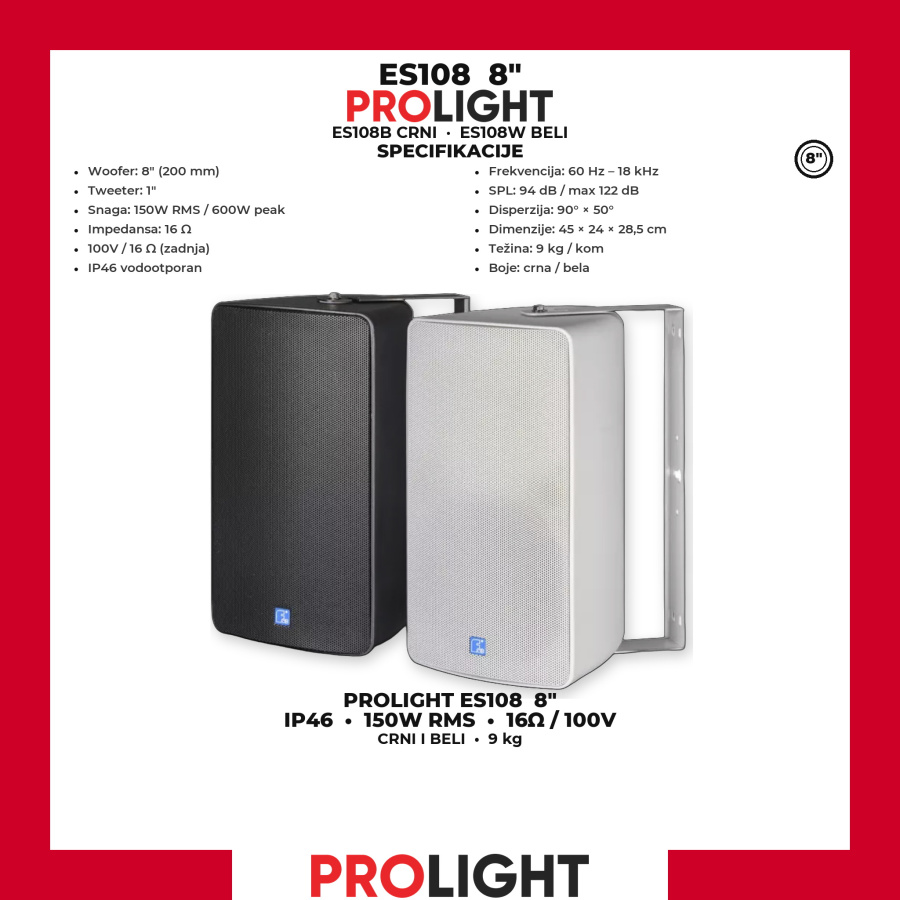 PROLIGHT ES108 Vodootporni zidni zvučnik 8" 150 W IP46, 16 Ω / 100 V, crni