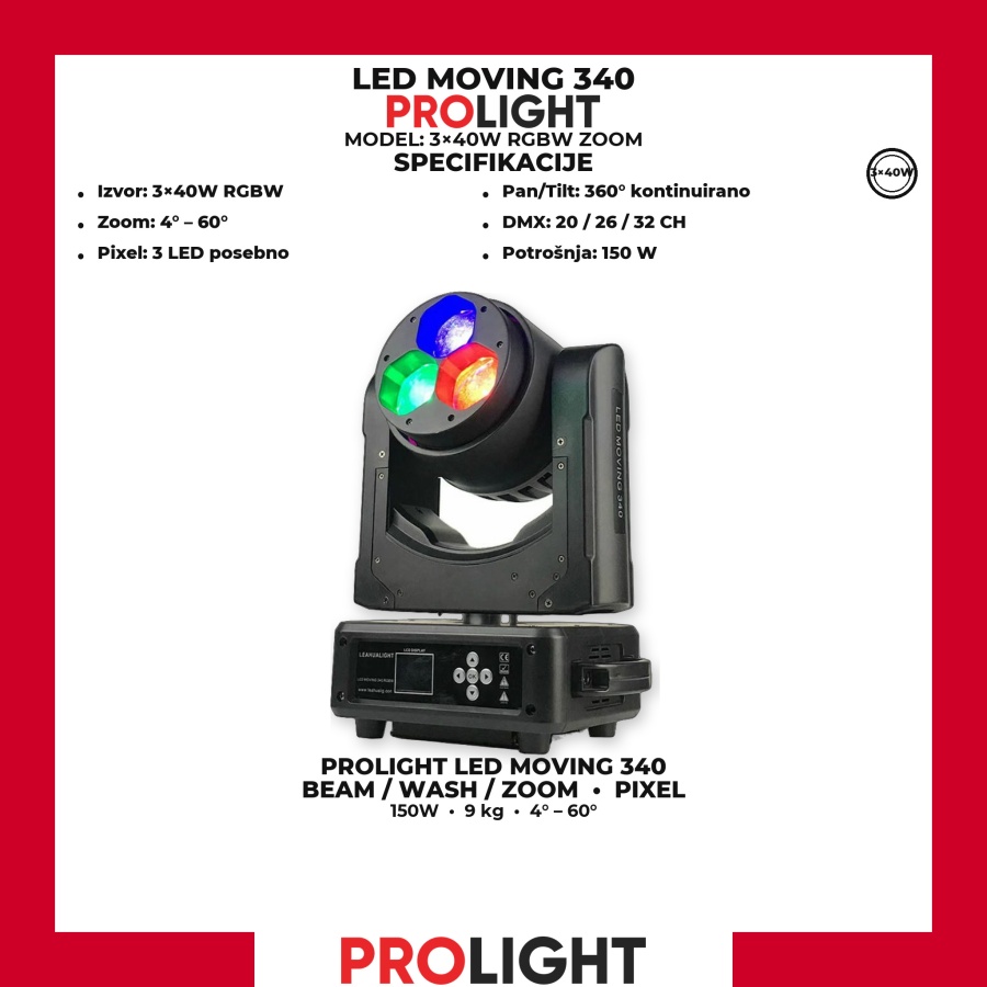 PROLIGHT LED MOVING 340 Zoom Wash Moving Head 3×40 W RGBW