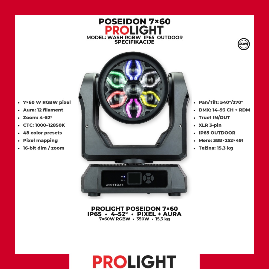 PROLIGHT POSEIDON 7×60 IP65 Wash Moving Head 7×60 W RGBW sa aura prstenom