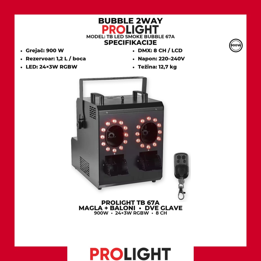 PROLIGHT TB 67A LED mašina za dim i balone sa 2 glave 900 W