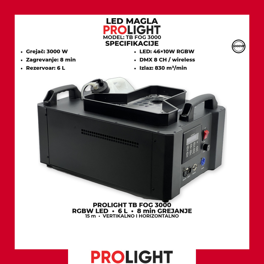 PROLIGHT TB FOG 3000 LED mašina za dim 3000 W sa RGBW prstenom
